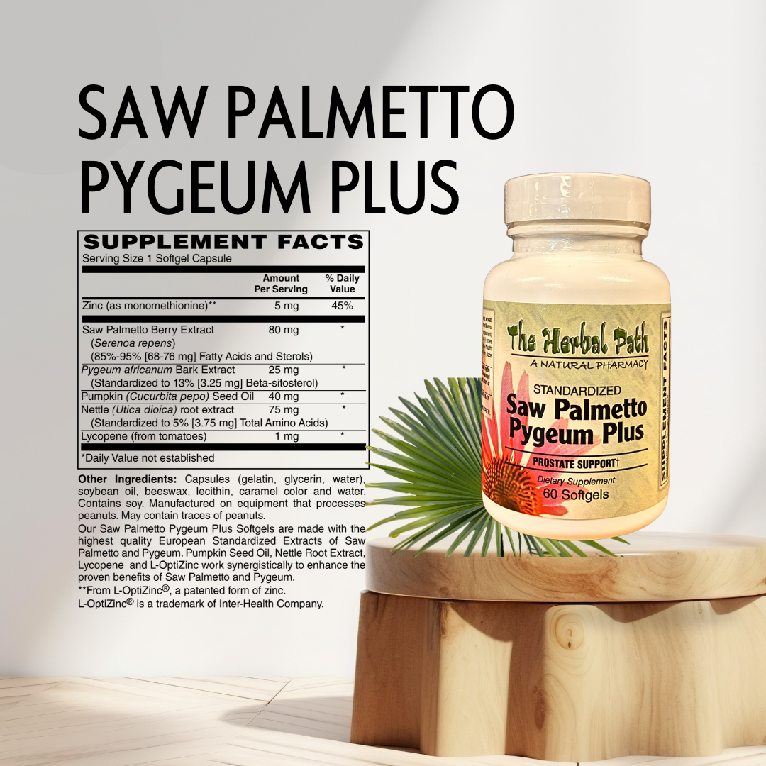 Saw Palmetto Pygeum Plus supplement bottle with label and supplement facts on a light background