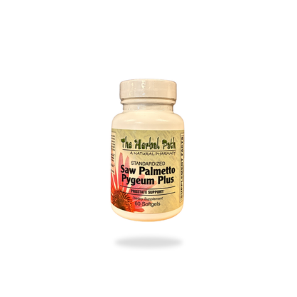Supplement bottle labeled 'Saw Palmetto Pygeum Plus' from 'The Herbal Path' on a white background