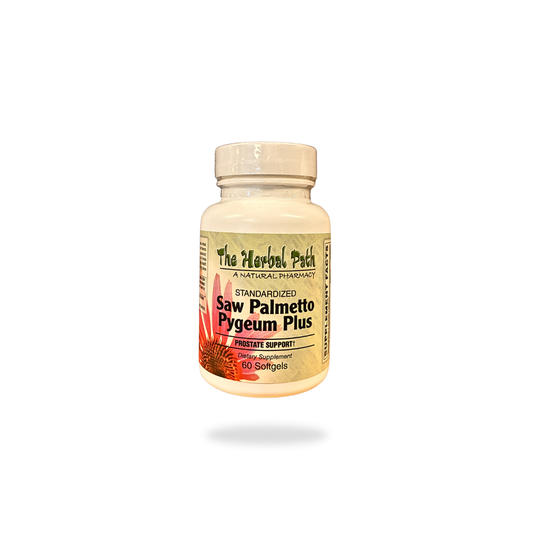 Supplement bottle labeled 'Saw Palmetto Pygeum Plus' from 'The Herbal Path' on a white background