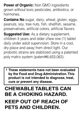 A black-and-white informational graphic with text about the product's organic ingredients, allergen-free status, suggested use, and a warning that chewable tablets can be a choking hazard and should be kept out of reach of pets and children.