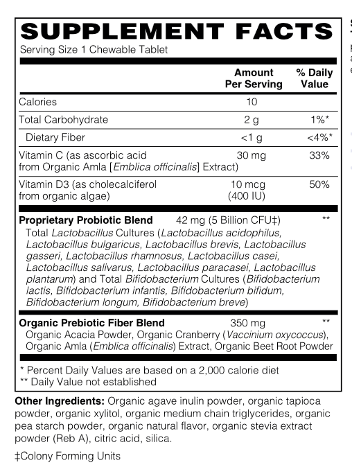 A supplement facts label for a chewable tablet product, showing a white rectangular panel with black text under the heading 'SUPPLEMENT Facts'. The label lists nutrients such as calories, total carbohydrate, dietary fiber, vitamin C, and vitamin D3, plus product names like 'Proprietary Probiotic Blend' and 'Organic Prebiotic Fiber Blend'.