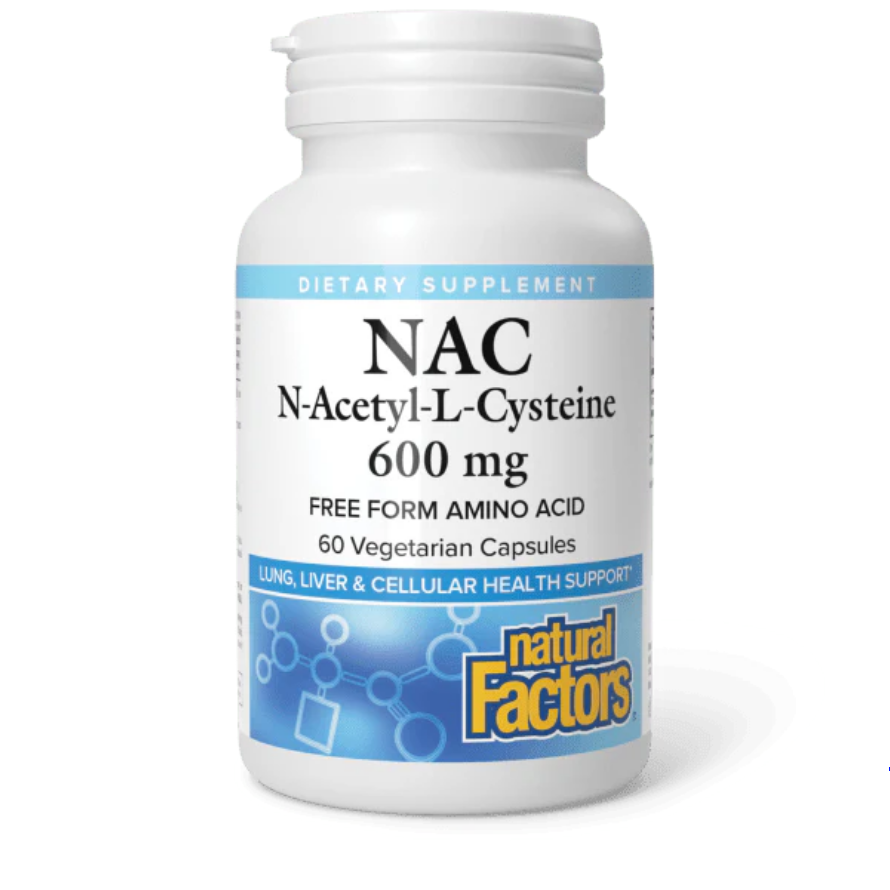 A white plastic bottle of Natural Factors NAC dietary supplement, 600 mg, with a white cap and a blue and white label.