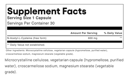 A supplement facts label for N-Acetyl-L-Cysteine capsules, showing serving size 1 capsule, servings per container 30, and the amount 600 mg per serving. The label lists other ingredients including microcrystalline cellulose, hypromellose, purified water, croscarmelose sodium, magnesium stearate, and vegetarian capsule.
