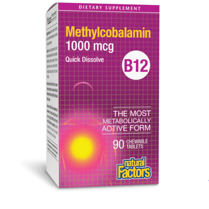 Box of Methylcobalamin dietary supplement by Natural Factors on a white background