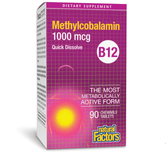 Box of Methylcobalamin dietary supplement by Natural Factors on a white background