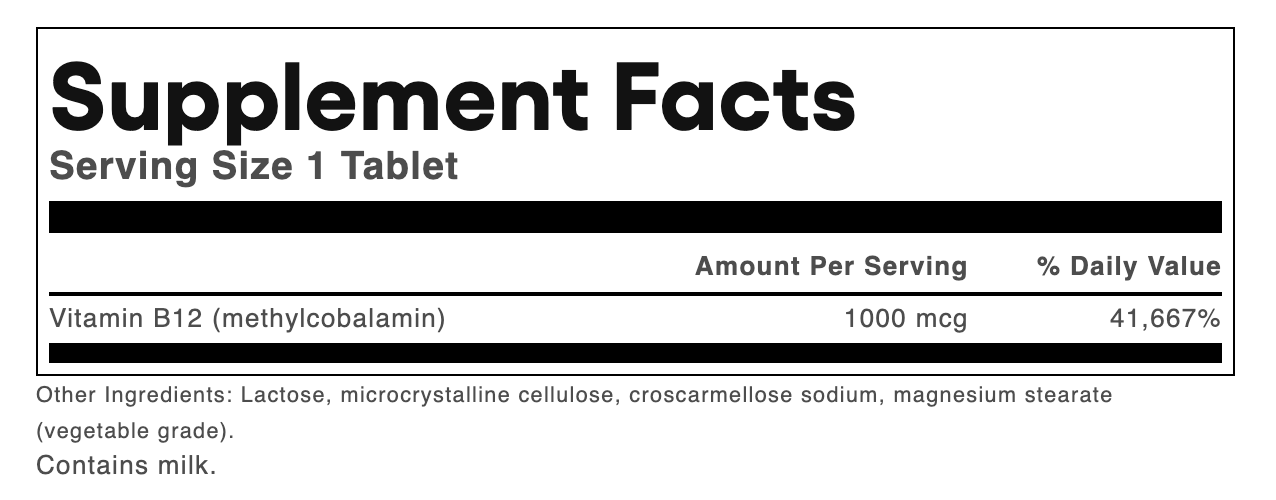 A Supplement Facts label showing Vitamin B12 (methylcobalamin) information for a tablet product, with serving size 1 tablet and a note that it contains milk.