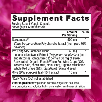 A supplement facts label for a veggie capsule product, showing ingredients and dosage information over a bright pink floral background.