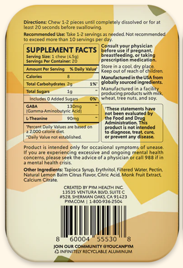 Supplement fact label backing shown with black text and a barcode.