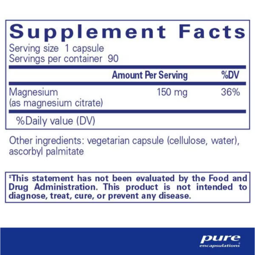 A close-up of a supplement facts label with blue text on a white background, showing serving size 1 capsule, 90 servings per container, magnesium 150 mg, and a Pure Encapsulations logo at the bottom.