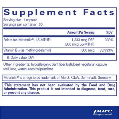 A supplement facts label for Metafolin by Pure Encapsulations, showing serving size, calories, folate content, vitamin B12 content, and other ingredients in a clean text layout with blue headers and footer.