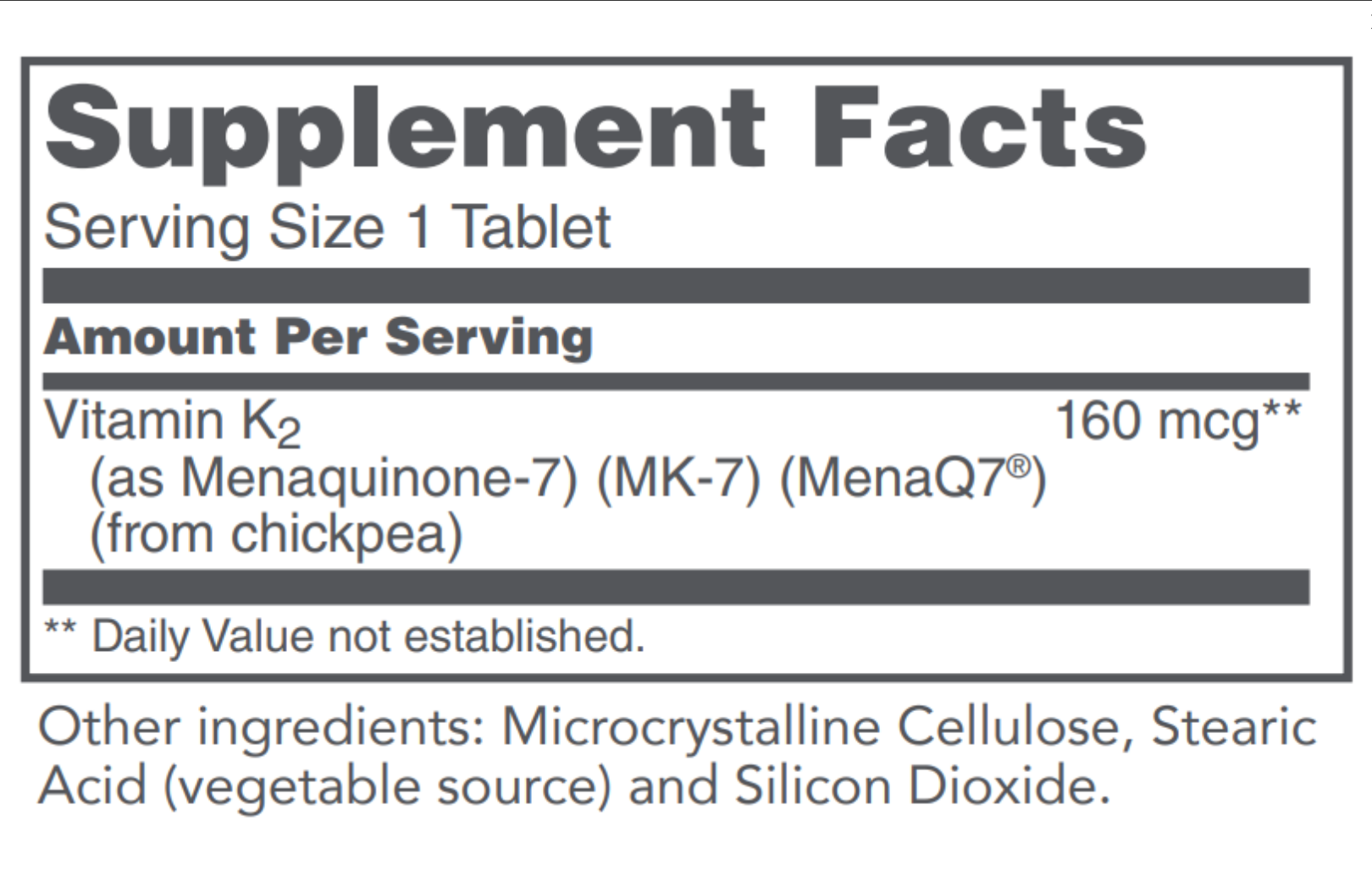 A supplement facts label showing Vitamin K2 content of 160 mcg from chickpea, with other ingredients listed below on a white background.