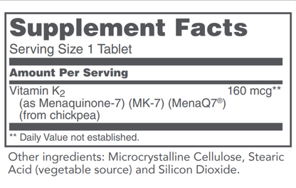 A supplement facts label showing Vitamin K2 content of 160 mcg from chickpea, with other ingredients listed below on a white background.