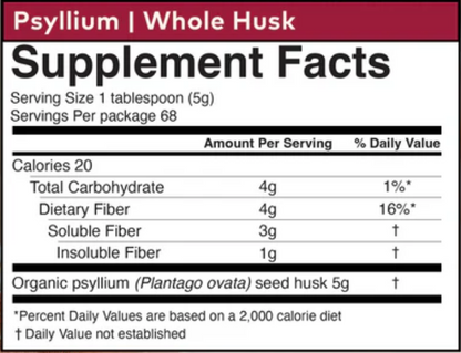 A close-up of a supplement facts label for Psyllium | Whole Husk, showing serving size, calories, and nutrient breakdown including total carbohydrate, dietary fiber, soluble fiber, and insoluble fiber.