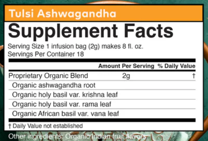 A close-up of a supplement facts label for Tulsi Ashwagandha, showing a white panel with black text and an orange header, set against a dark teal background with decorative border elements.