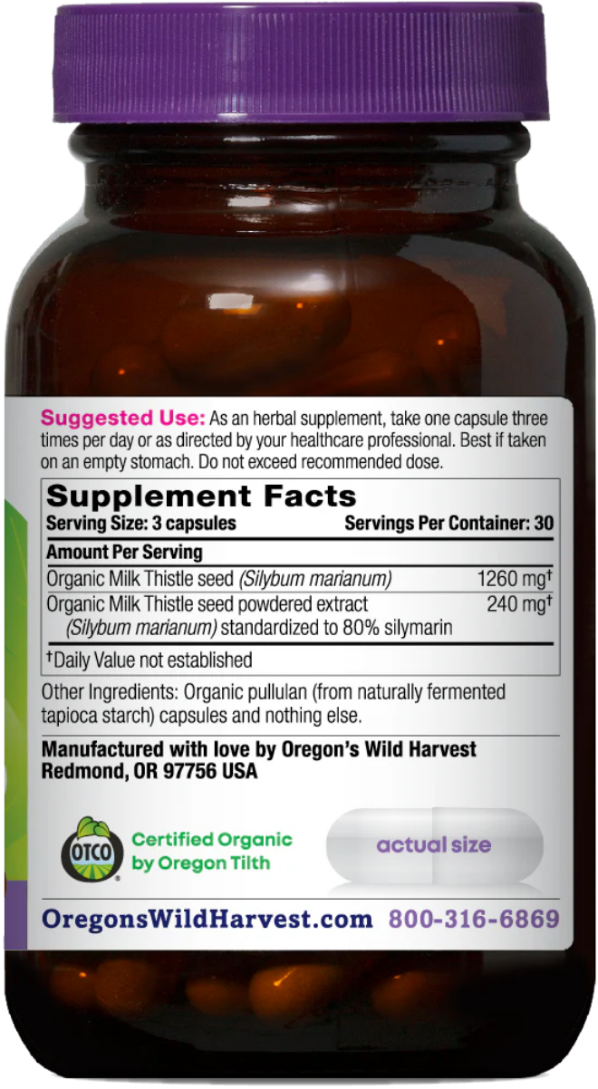 An amber glass supplement bottle with a purple cap and a white Supplement Facts label. The label shows the brand name Oregon's Wild Harvest and includes a green Organic Certified logo.