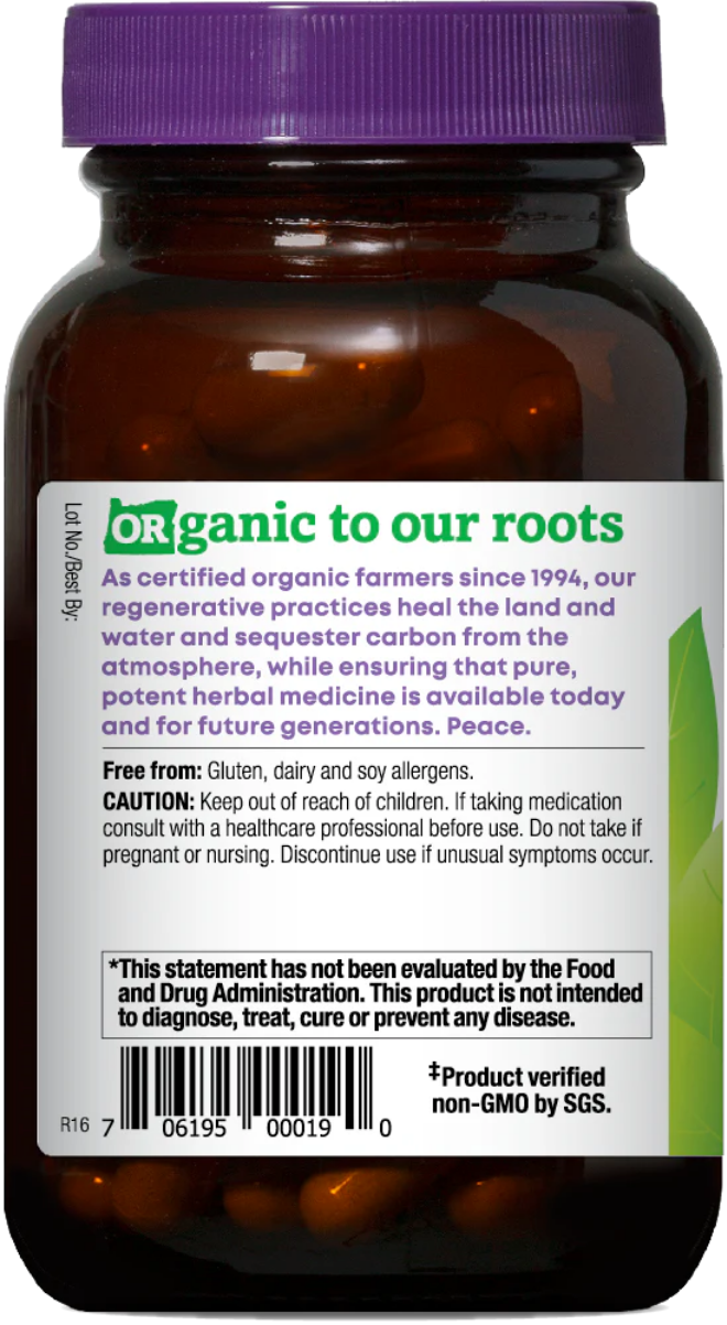 Organic to our roots herbal supplement in an amber glass bottle with a purple cap and a white label featuring green and black text.