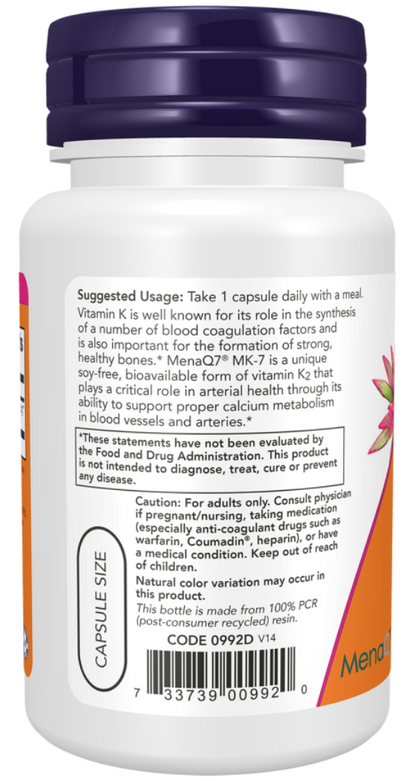A white bottle of MenaQ7 MK-7 dietary supplement with a dark blue cap, showing the back label with usage instructions, warnings, and a barcode.