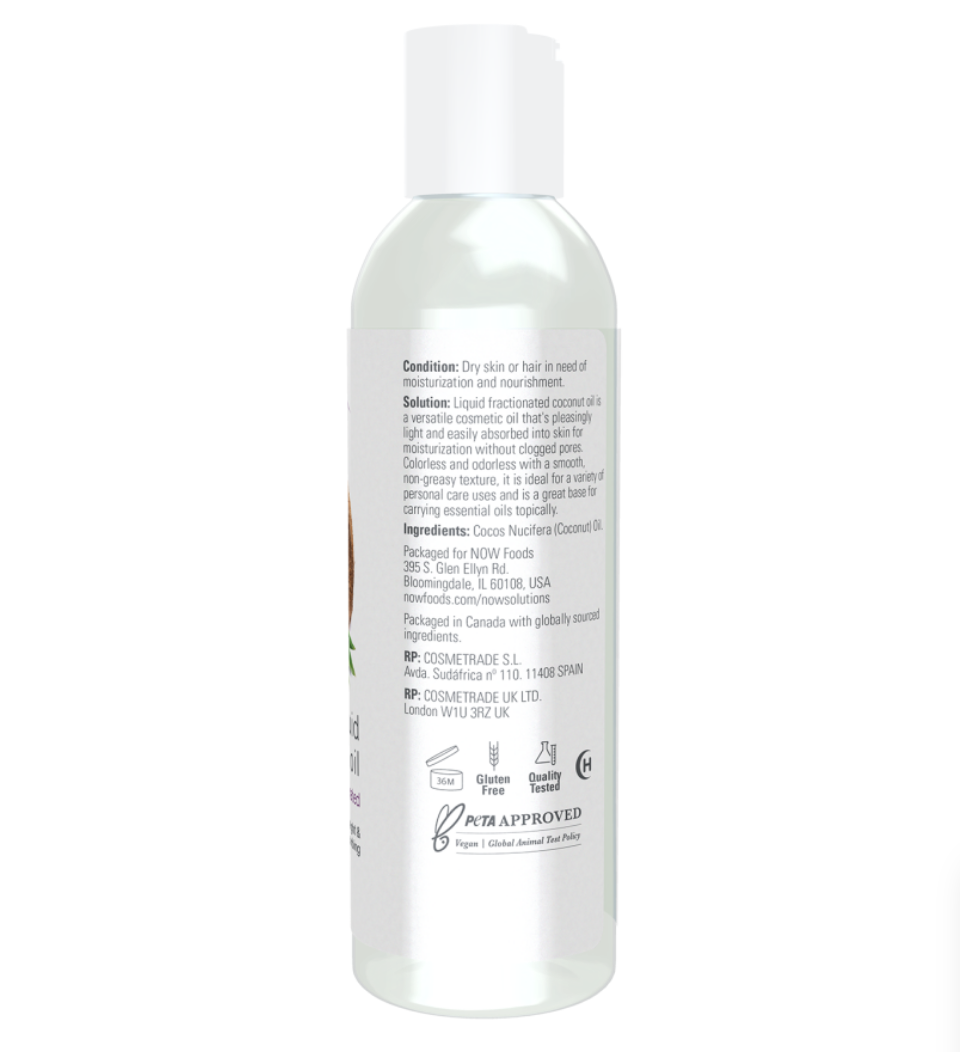 A clear plastic bottle of liquid hair product shown from the back, displaying the white text instructions and ingredients on a plain white background.