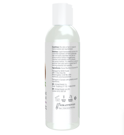 A clear plastic bottle of liquid hair product shown from the back, displaying the white text instructions and ingredients on a plain white background.