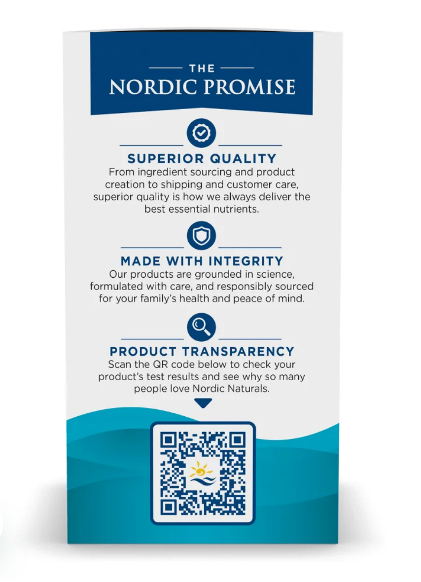 A vertical printed card or flyer for The Nordic Promise, shown on a white background. The card has a white upper section with dark blue text and icons, and a teal lower section with a large QR code.