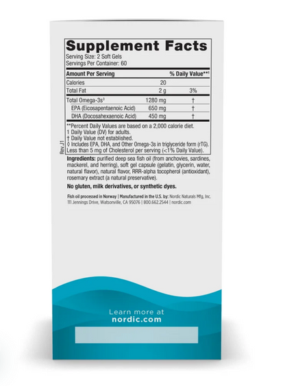 A tall white product box shown against a black background, with the front panel featuring a large black Supplement Facts label and a teal band at the bottom with the text 'Learn more at nordic.com'.
