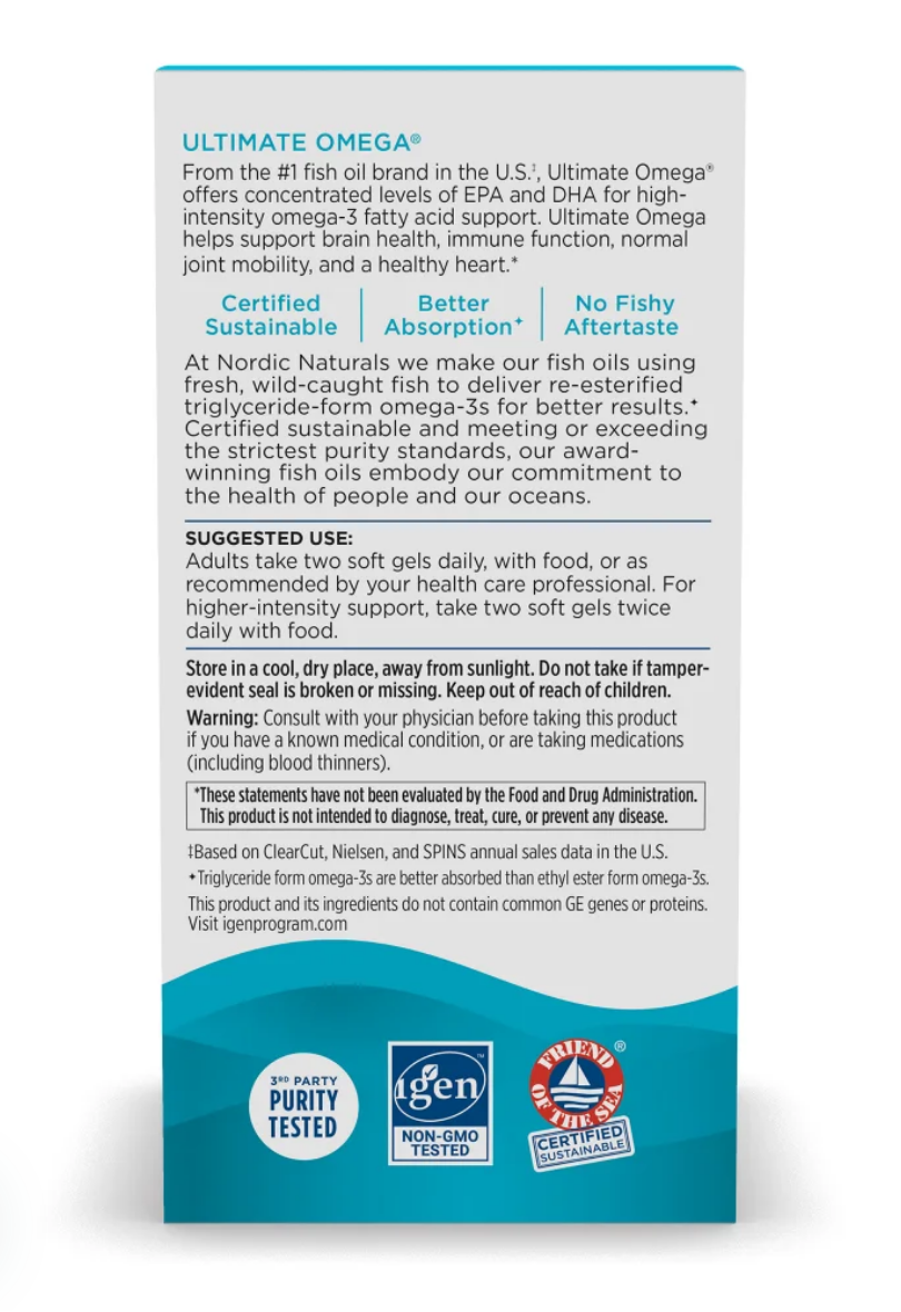A tall white product information card for Ultimate Omega fish oil by Nordic Naturals, with blue and teal text blocks, product details, usage suggestions, and certification badges including CertiSafe, Better Absorption, and Non-Retired Fish.