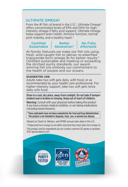A tall white product information card for Ultimate Omega fish oil by Nordic Naturals, with blue and teal text blocks, product details, usage suggestions, and certification badges including CertiSafe, Better Absorption, and Non-Retired Fish.