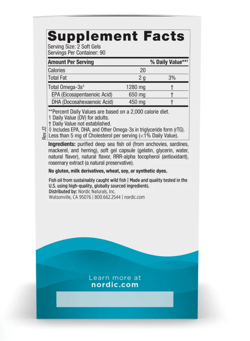 The back panel of a white supplement box showing the Supplement Facts label and a teal lower section with the text 'Learn more at nordic.com'.