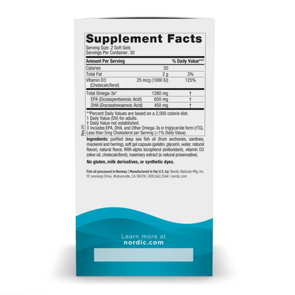 The back of a Nordic Naturals dietary supplement package, showing the Supplement Facts label with a white background and a teal blue band at the bottom.