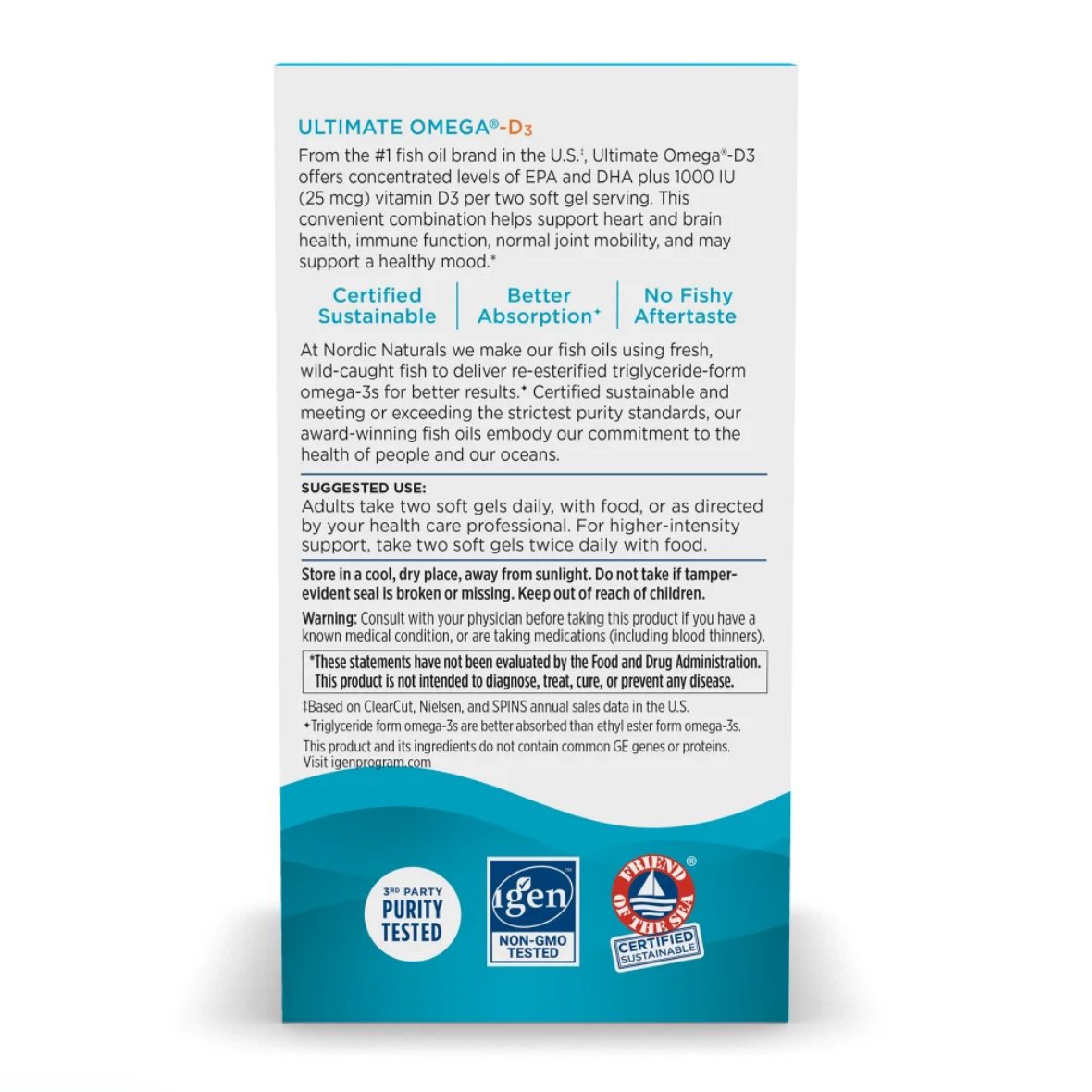 Ultimate Omega-3 dietary supplement box showing the back panel with product information, claims, usage suggestions, and certification logos including Marine Purity Tested, Igen, and Marine Organic.