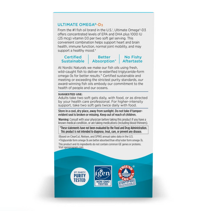 Ultimate Omega-3 dietary supplement box showing the back panel with product information, claims, usage suggestions, and certification logos including Marine Purity Tested, Igen, and Marine Organic.