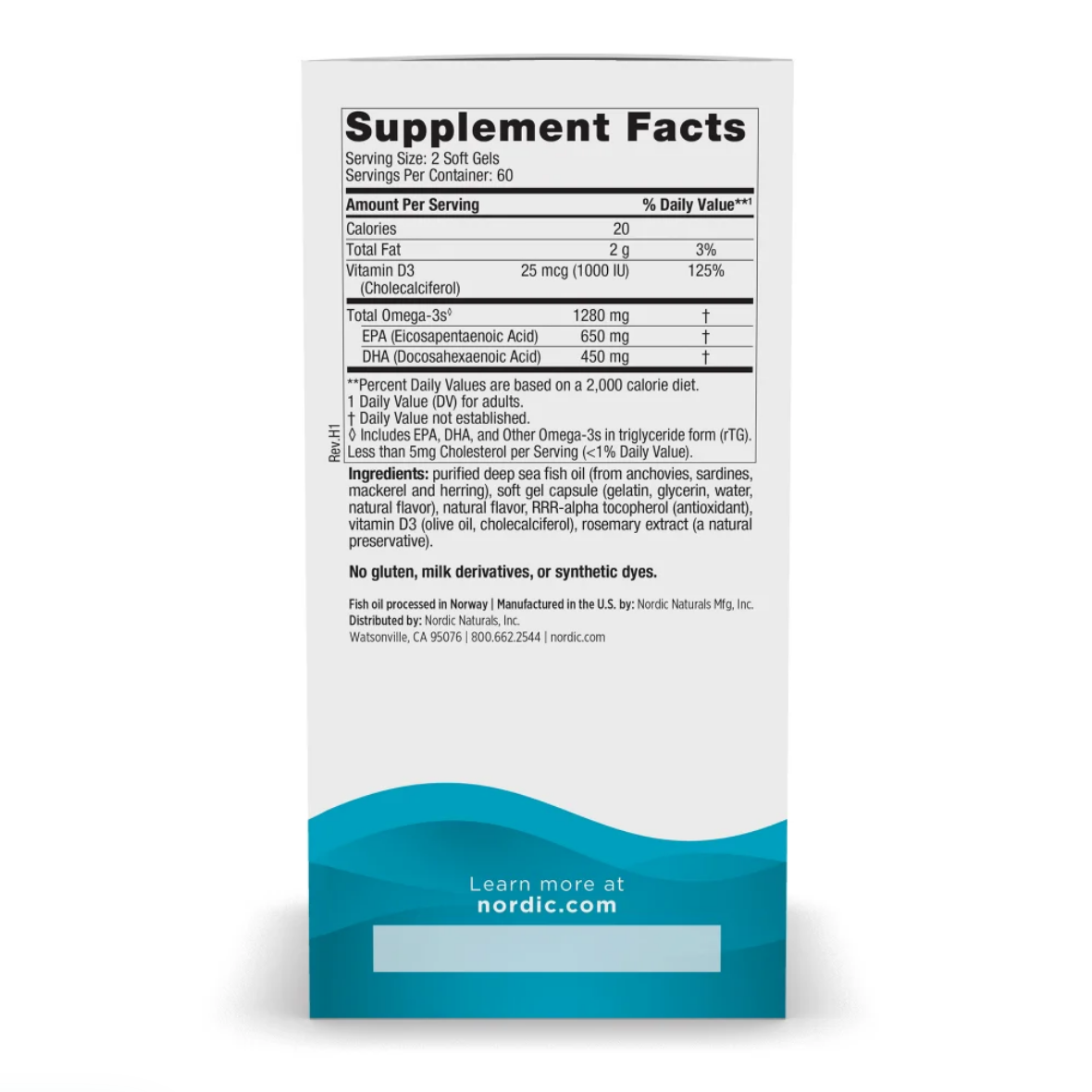 Supplement facts label on a white background with blue wave design