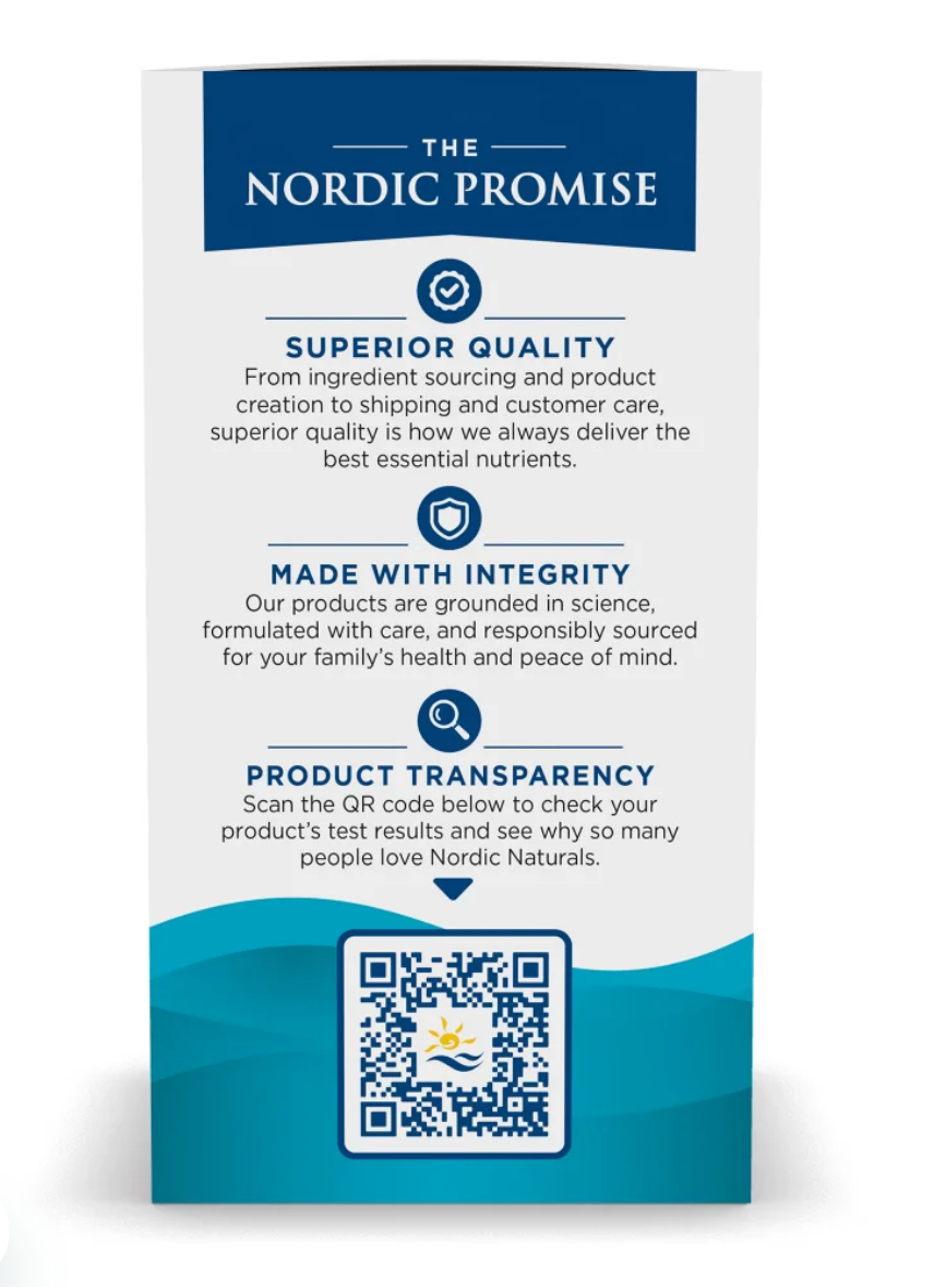 A vertical branded card or flyer for Nordic Promise, shown standing against a white background. The design is primarily white with dark blue and teal sections, featuring text about quality, integrity, and transparency, plus a QR code near the bottom.