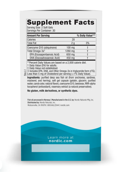 The back of a supplement bottle showing the Supplement Facts label, with a white background and a blue band at the bottom. Visible text includes Nordic Naturals branding and product details.