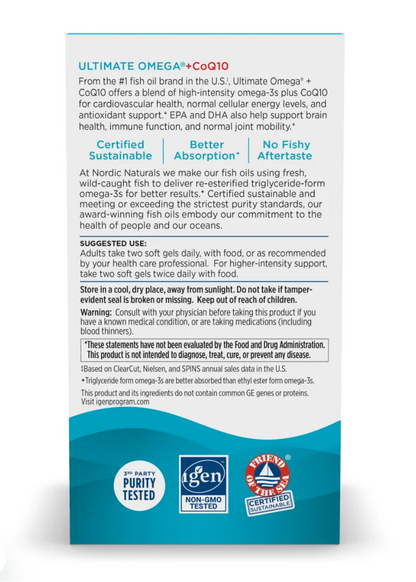 A product information card for Ultimate Omega+CoQ10 by Nordic Naturals, featuring white and light blue text on a white background with a blue circular purity test badge at the bottom.