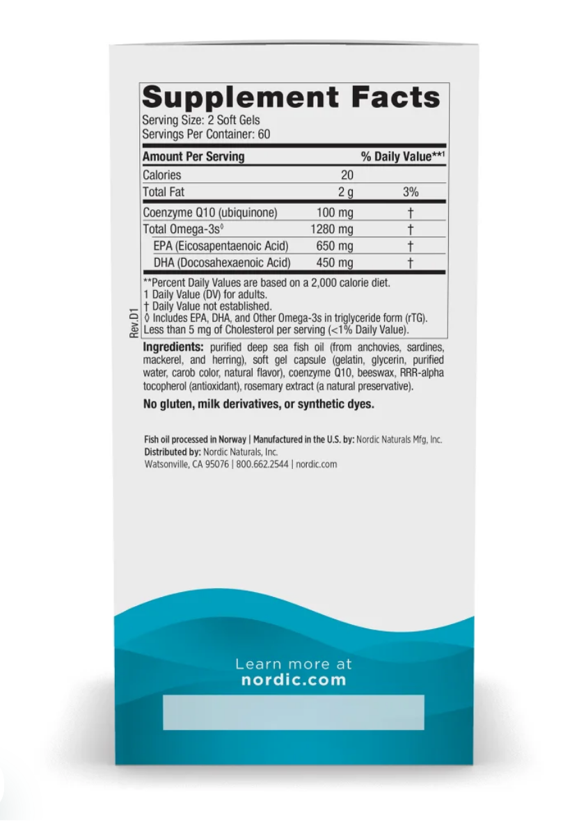 The back panel of a white supplement bottle showing the Supplement Facts label with nutrition information and ingredients, plus a blue wave design at the bottom with the text 'Learn more at nordic.com'.