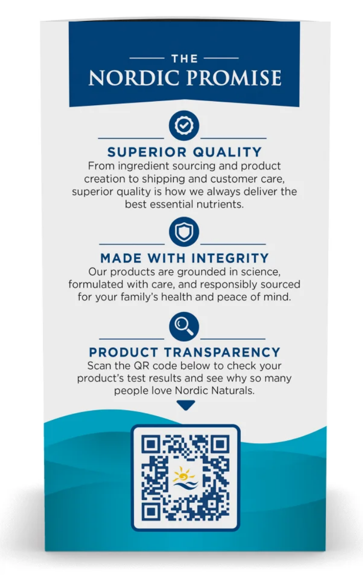A vertical printed card or poster for The Nordic Promise, with a white background, dark blue header and wave graphics, and text about superior quality, integrity, and product transparency, plus a QR code near the bottom.