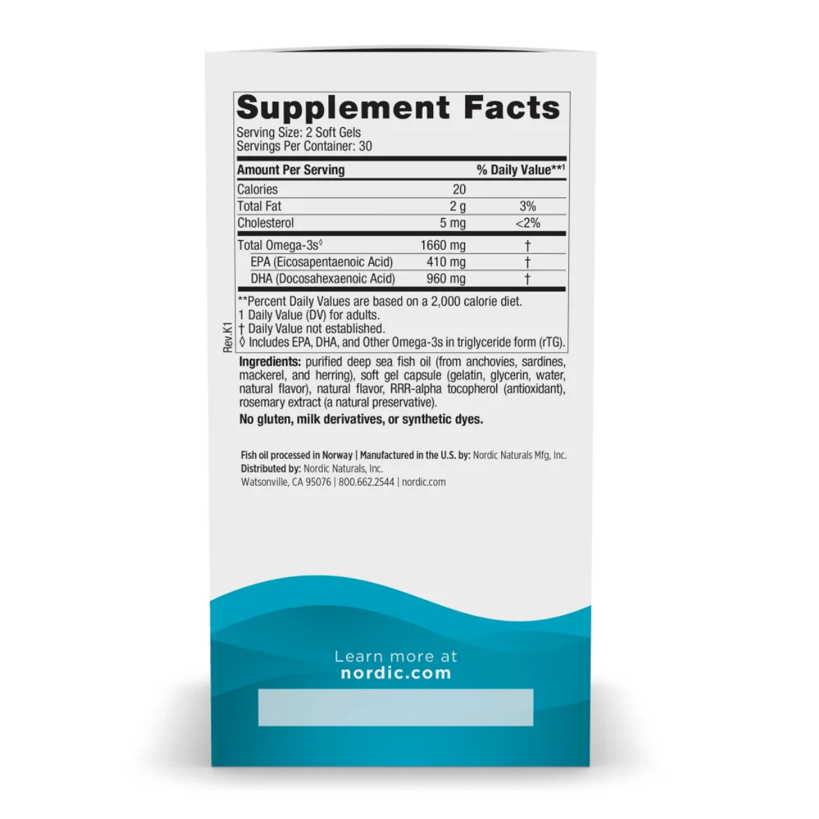 Supplement facts label on a white background with blue wave design