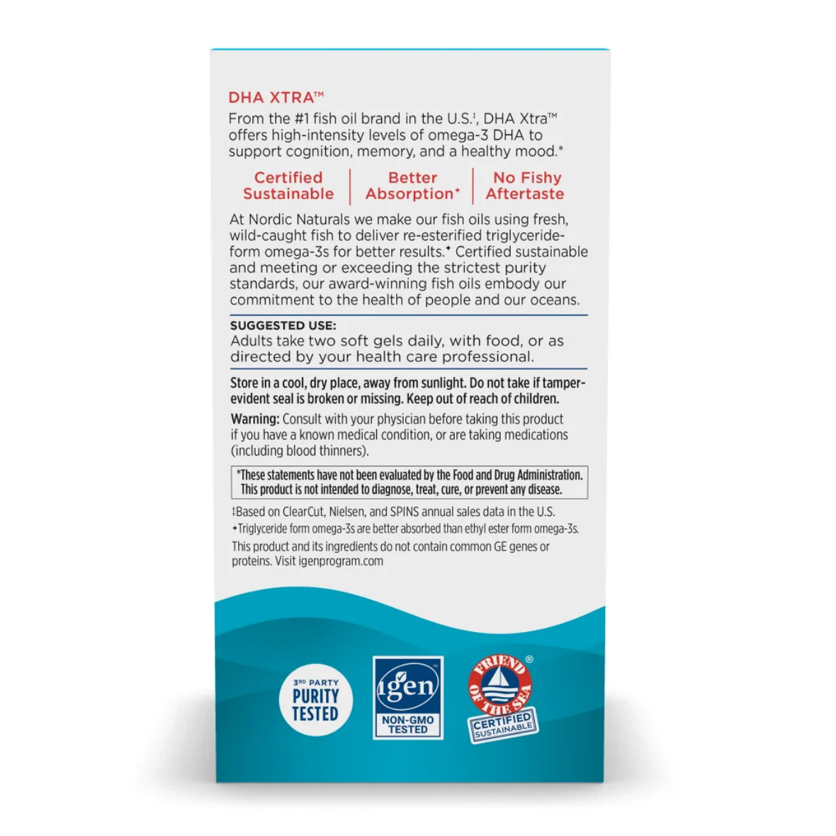 A white informational card with red and black text about DHA Xtra-1, including certification claims, suggested use, warnings, and a blue lower section showing certification logos.