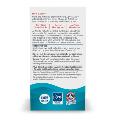 A white informational card with red and black text about DHA Xtra-1, including certification claims, suggested use, warnings, and a blue lower section showing certification logos.