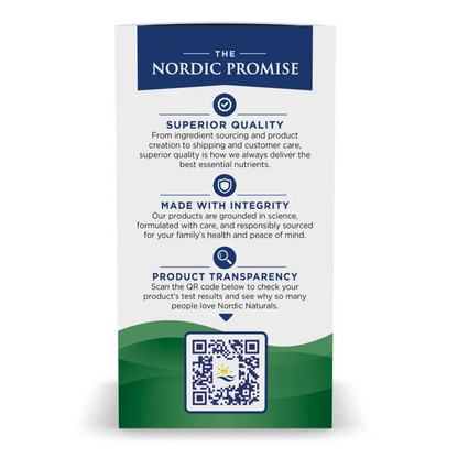A vertical branded card or poster for The Nordic Promise, with a white center, dark blue header and text, green wave graphics at the bottom, and a QR code near the lower center. The design is clean and centered on a white background.