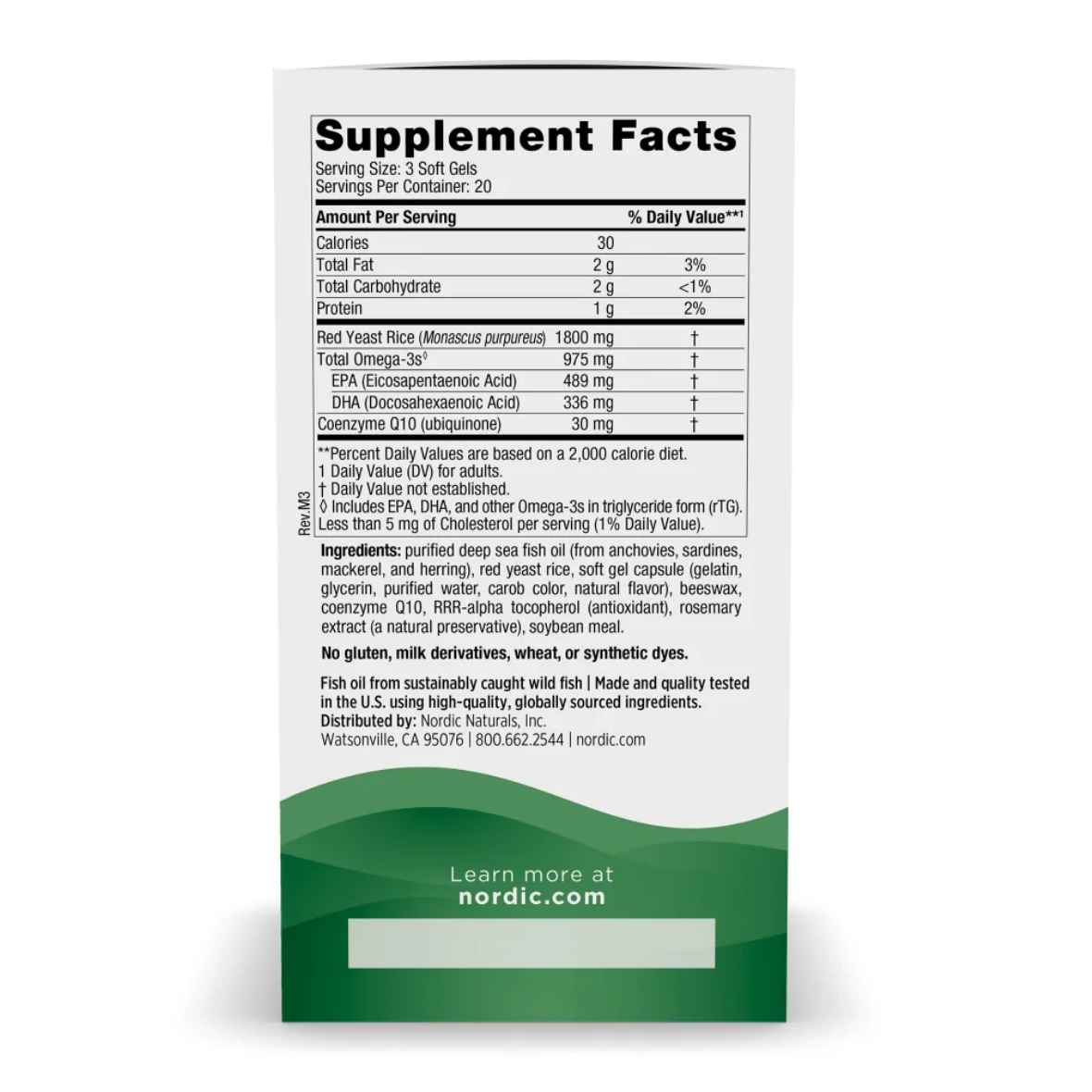 The back of a white supplement box showing the Supplement Facts label, with a green band at the bottom reading 'Learn more at nordic.com'.