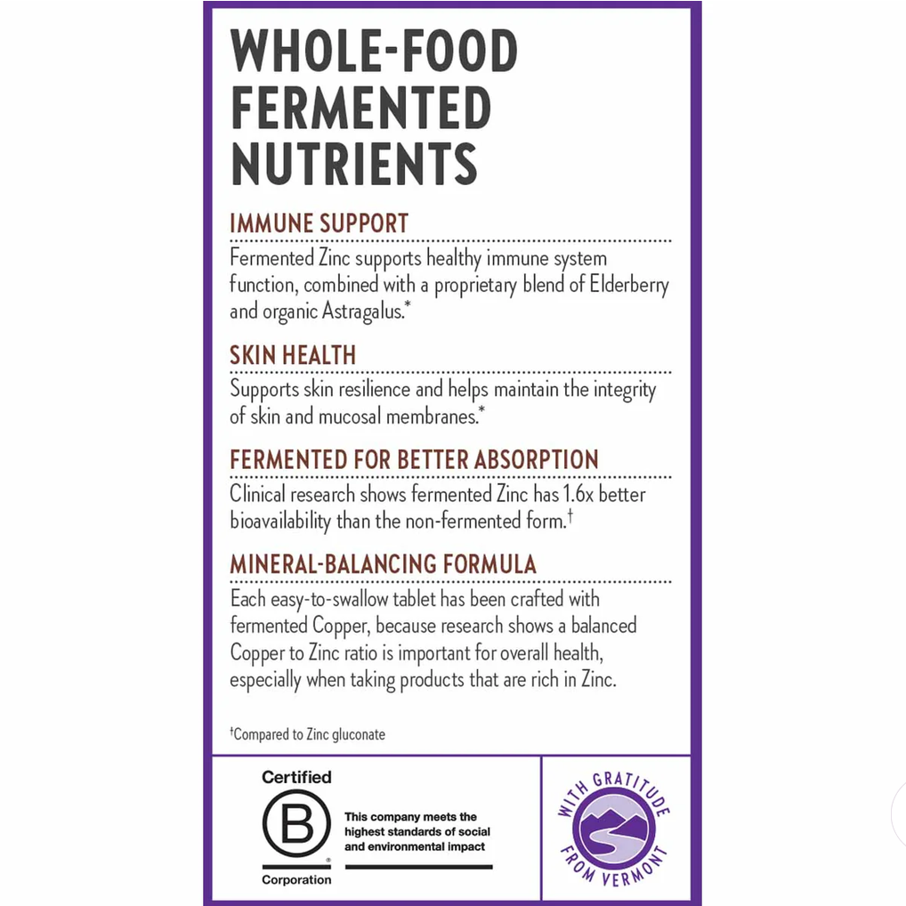 A product information card for 'Whole-Food Fermented Nutrients' by With Gratitude Farm Vermont, detailing benefits such as immune support, skin health, and better absorption, with a B Corp certification logo at the bottom.