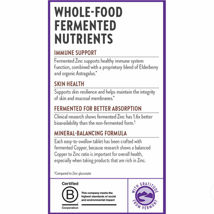 A product information card for 'Whole-Food Fermented Nutrients' by With Gratitude Farm Vermont, detailing benefits such as immune support, skin health, and better absorption, with a B Corp certification logo at the bottom.