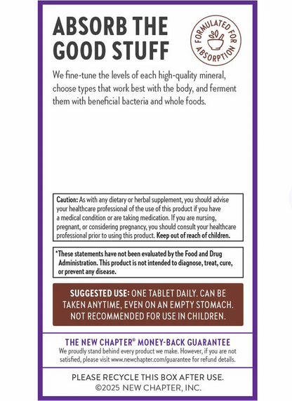 A square product information card for a dietary supplement, featuring a white background with purple borders and text. The card includes a circular seal reading 'Formulated for Absorption' and a brown box highlighting suggested use: one tablet daily, even on an empty stomach, not recommended for use in children.