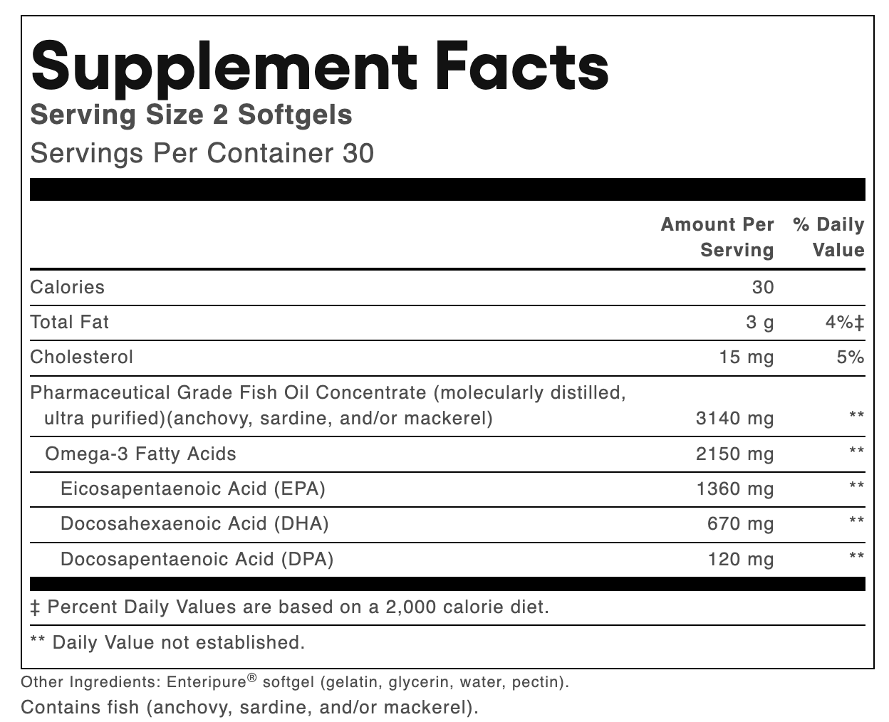A supplement facts label for Enteripure Softgel fish oil, showing serving size 2 softgels and a daily value table with nutrients like calories, total fat, cholesterol, EPA, and DHA.