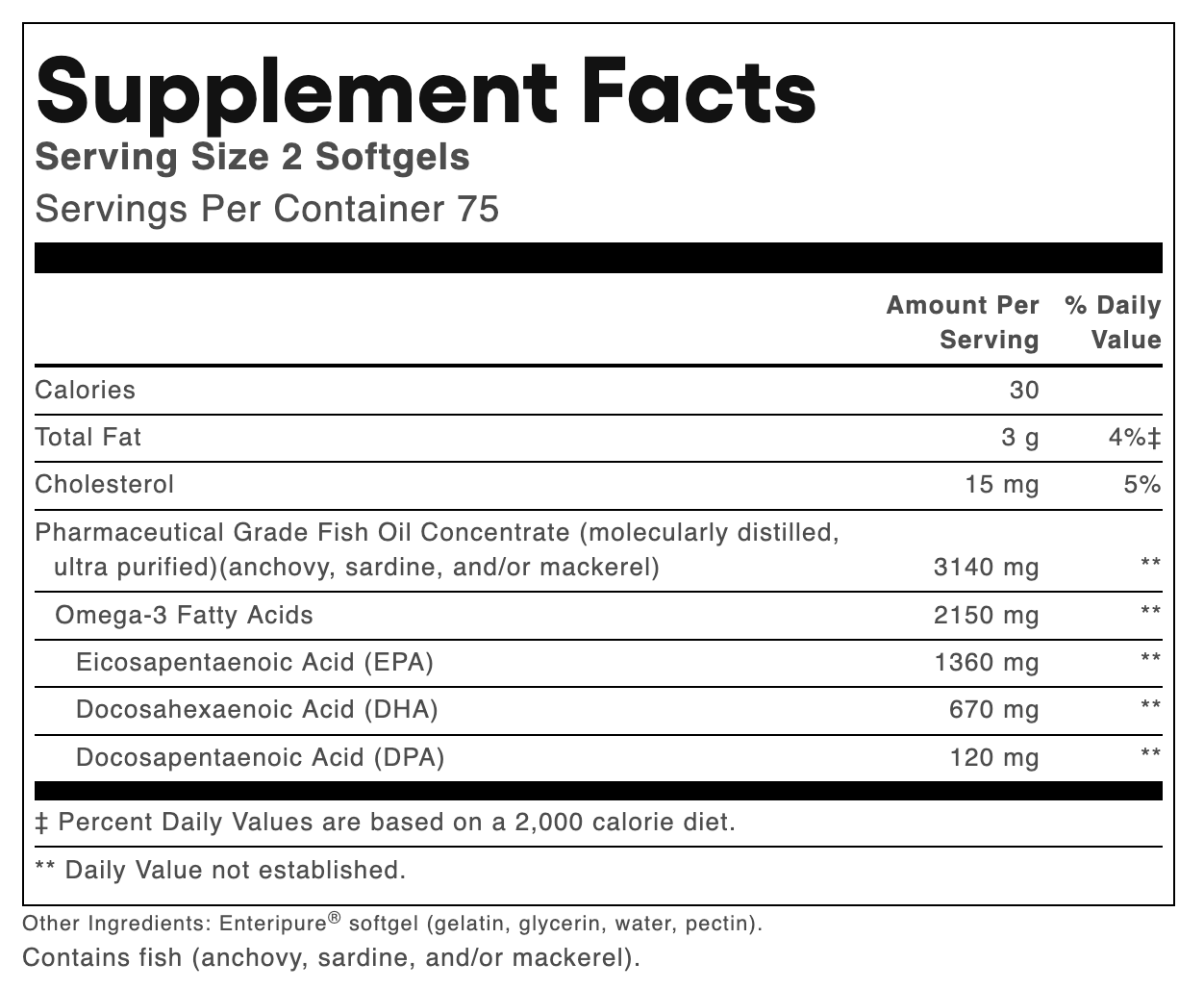 A Supplement Facts label for a fish oil softgel product, showing serving size 2 softgels and a detailed nutrition table with ingredients and daily value percentages on a white background.
