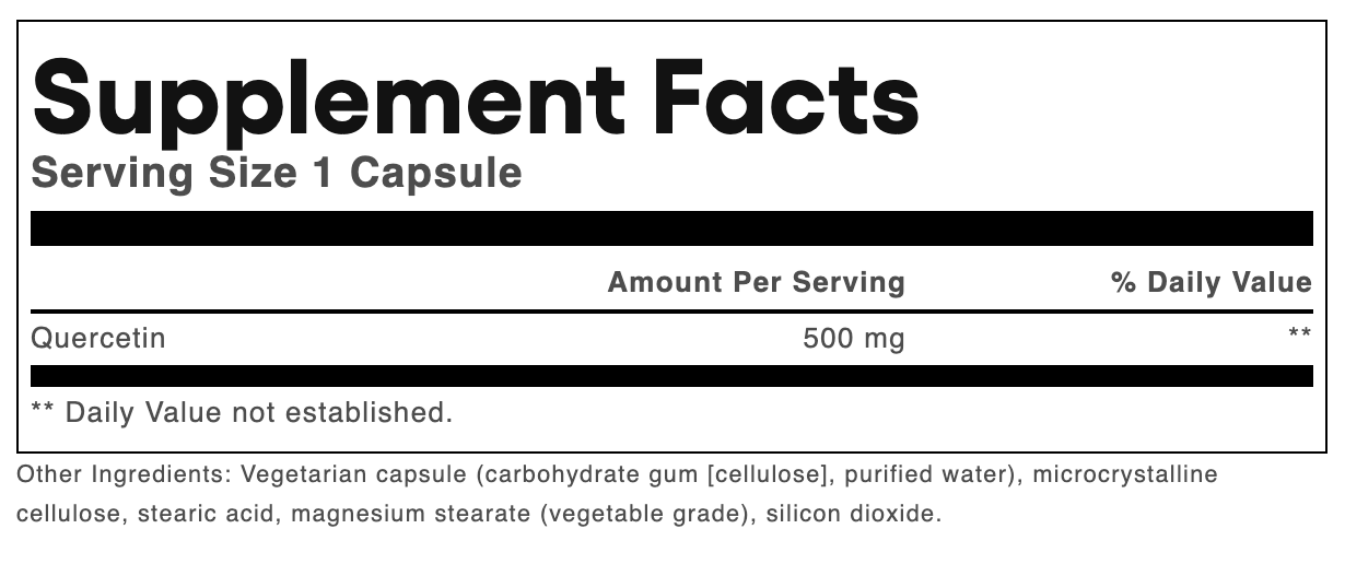 A black and white Supplement Facts label showing quercetin 500 mg as the main ingredient, with serving size 1 capsule and a list of other ingredients.