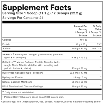 A close-up of a supplement facts label showing serving size, daily value information, and listed ingredients including Verisol Hydrolyzed Collagen, Collective Marine Collagen Peptide Complex, Hydrolyzed Elastin, Natural Eggshell Membrane, and UC-II Standardized Chicken Cartilage.
