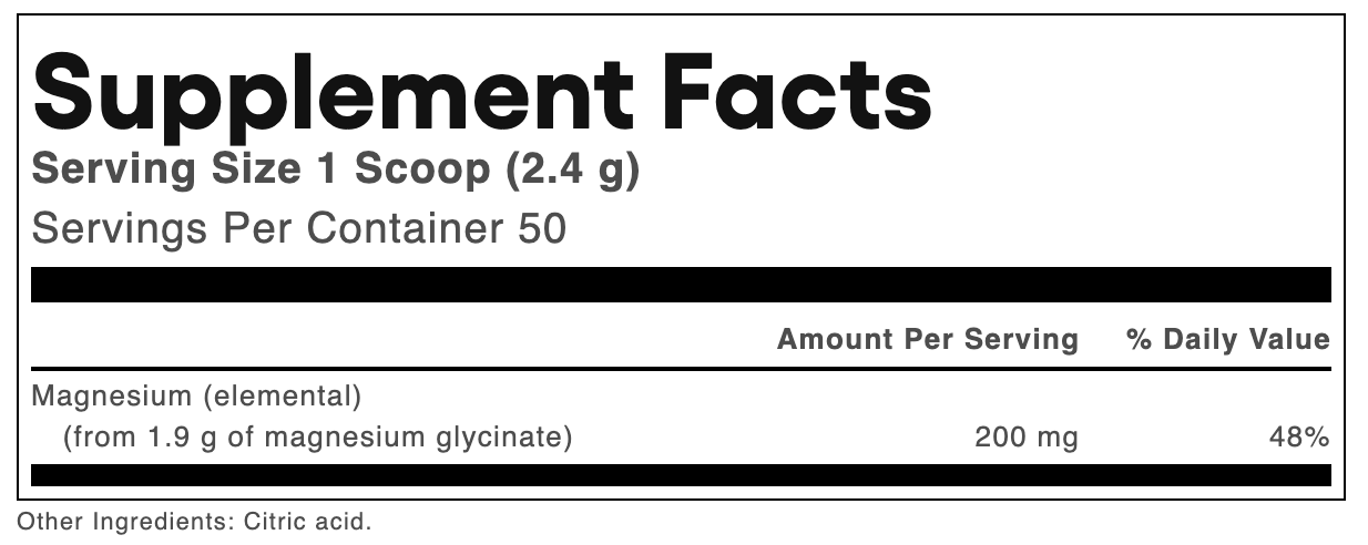 A Supplement Facts label showing magnesium information: serving size 1 scoop (2.4 g), 50 servings per container, 200 mg magnesium elemental, 48% daily value, with citric acid listed as an other ingredient.